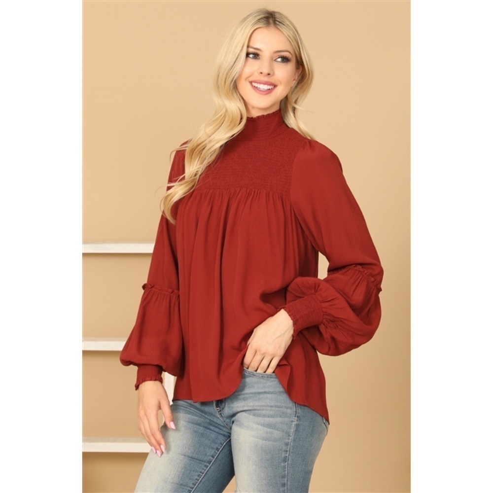 LAST 1! BRICK SHIRRED HIGH OVERSIZED NECK PUFF SLEEVE SOLID TOP! - Picture 3 of 6